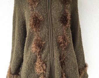 Vintage 90s Moss Hooded Cardigan Sweater Wool Poncho Long Sleeve Cardigan Wool Poncho with Zipper Plus Size Poncho Oversized Poncho Loose