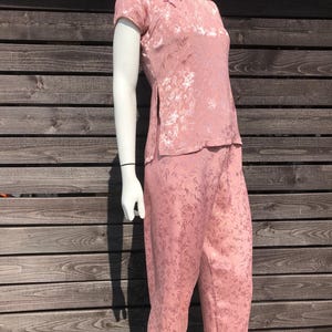 Vintage Chinese Style Two Piece Set of Blouse and Pants High Collar Pink Blouse Button Up Frog Clasp Short Sleeve Shirt and Pants Set XS/S