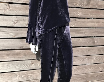 Conjunto vintage de dos piezas de viscosa brillante de seda para mujer, conjunto de pantalón y blusa morado oscuro, traje de 2 piezas de terciopelo, conjunto de top de manga larga y pantalón ajustado S