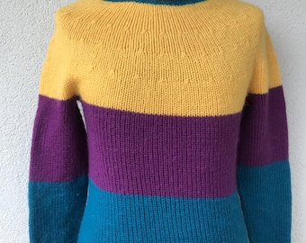Vintage 90s Handmade Color Blocking Colorful Sweater Hand Knit Warm Wool Sweater High Neck Multi Colored Sweater Turtleneck Pullover Size XS