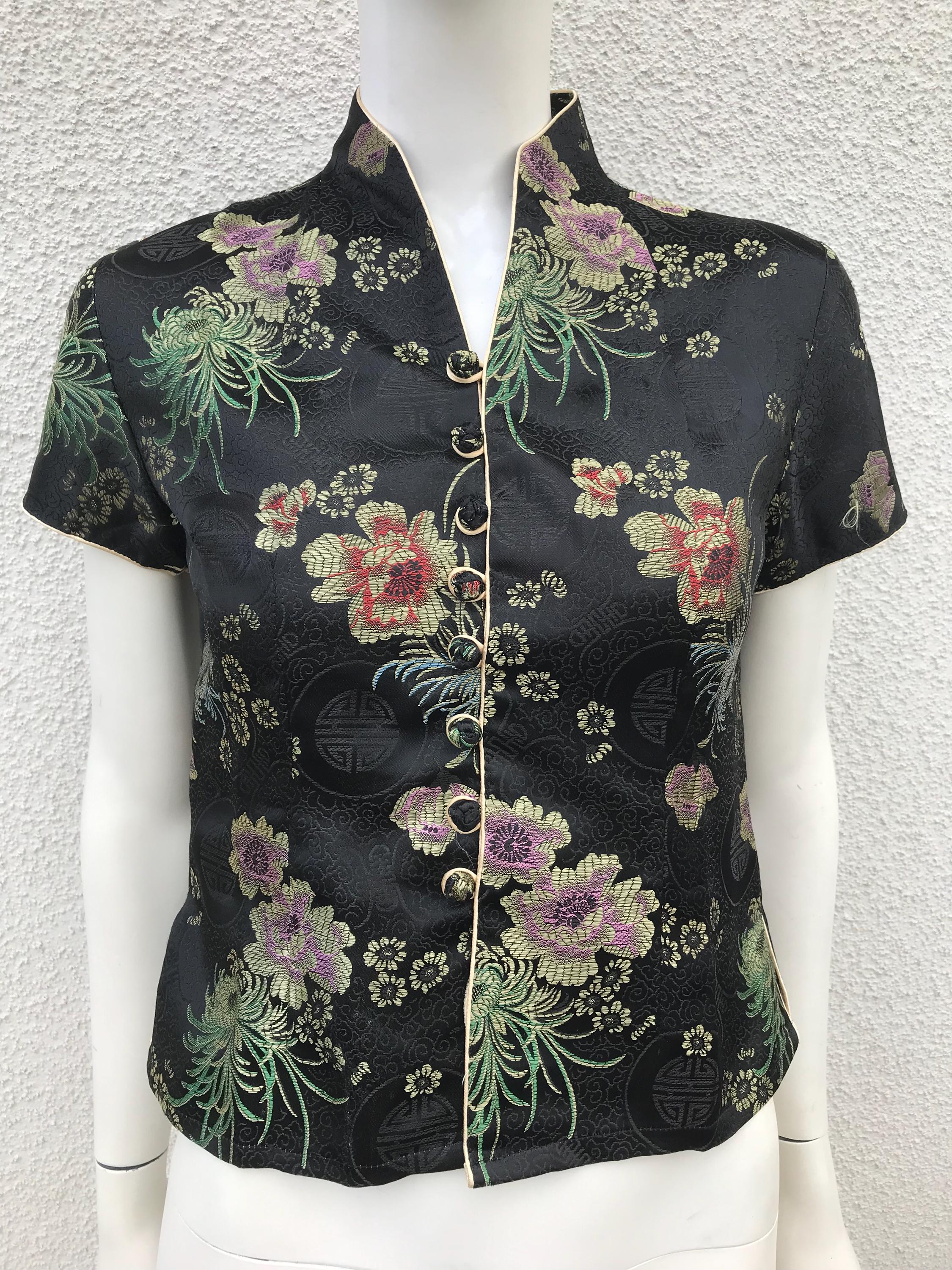 Vintage 90s Black Satin Chinese Style Top Shiny Floral