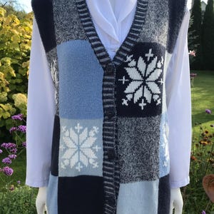 Chaleco de punto vintage de los años 80 con copos de nieve para mujer, de mezcla de lana, con estampado escandinavo, abotonado, tejido de punto de mezcla de lana, con estampado de copos de nieve, talla L