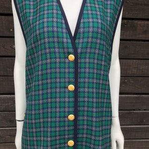Vintage 80s green long wool vest Plaid Woman's Vest Frankenwalder vest checkered vest green blue plaid tartan vest Tartan Waistcoat 40 size