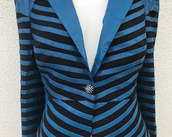 Vintage 80s Women's Multi-Strips Pattern Faux Leather Jacket Turquoise Black Stripes Fitted Jacket Stylish Vegan Leather Jacket Women S/M