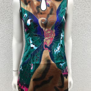 Vintage 2000s Abstract Colorful Print Chinese Style Top Blouse Mandarin Collar Frog Clasp Sleeveless Silk China Blouse Asian Style Sz XS/S