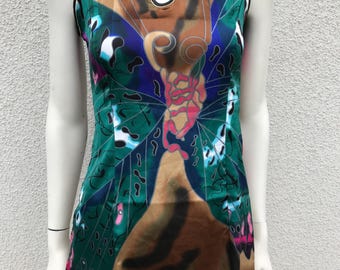 Vintage 2000s Abstract Colorful Print Chinese Style Top Blouse Mandarin Collar Frog Clasp Sleeveless Silk China Blouse Asian Style Sz XS/S