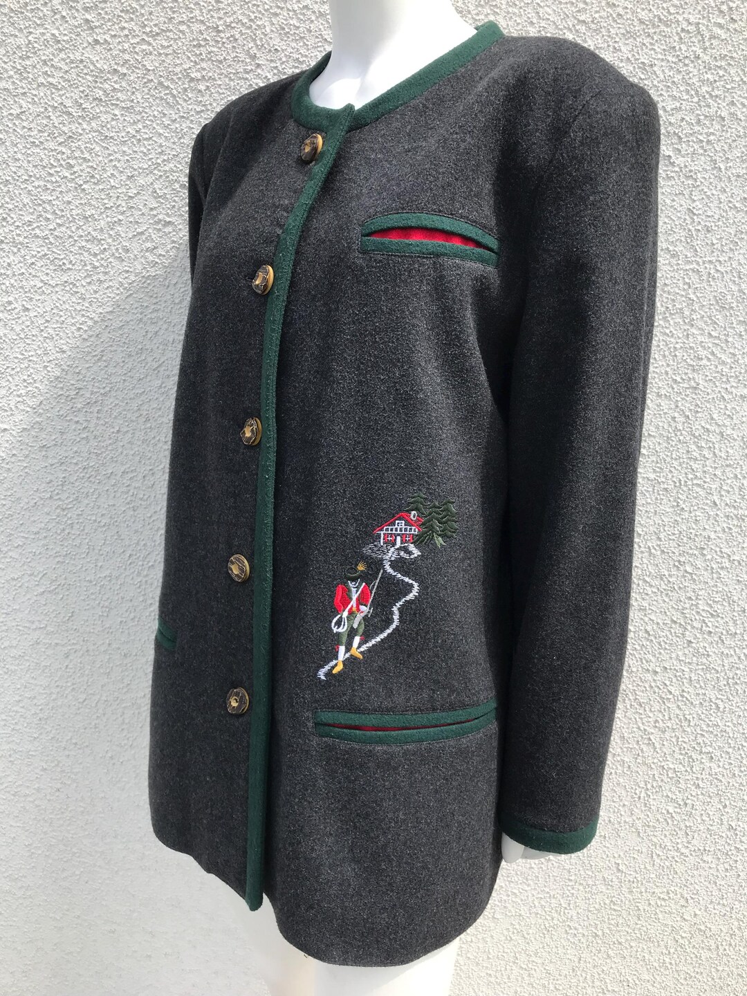 ノーカラージャケット VINTAGE - Embroidered Design Tyrolean Jacket Vintage YOUR SIXTH SENSE Scenic Novelty Wool Blend Blazer Austrian
