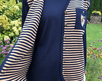 Vtg 80s Lucia Blue Beige Skirt Sweater-Blouse and Vest Set 3 Piece Wool Blend Suit Women's Skirt Suit Polo Costume Striped Vest Knitwear M