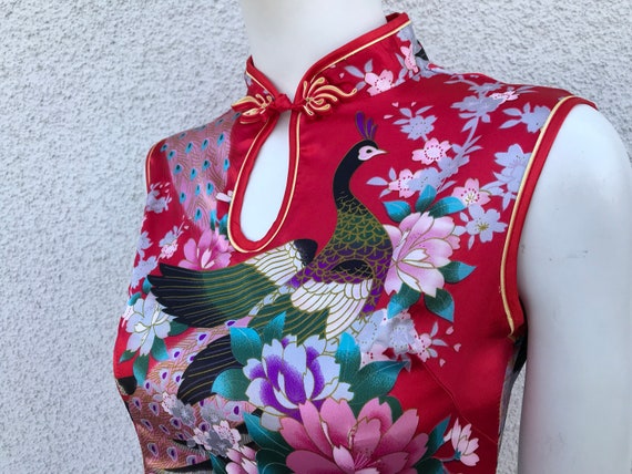 Vintage 90s Red Satin Chinese Top Dress Mandarin … - image 3
