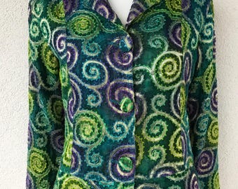Jaqueta curta com estampa abstrata metálica vintage Y2K de seda para mulheres, verde dourado, para eventos formais, para casamento, para convidados, tamanho P/M