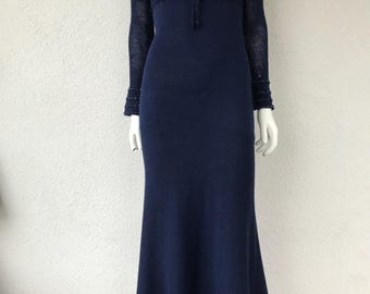 Vintage 90er Jahre Strickkleid Wollmischung A-Linie Langes Kleid Dunkelblau Wollmischung Maxi Kleid High Waist Tailliertes Kleid Langarm Winterkleid Gr. Small