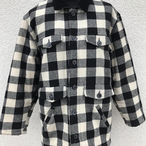 Vintage 1990s ROCKY Plaid Wool Overcoat with Checkered Pattern in Black & White Color Outerwear Streetwear Wool Coat Jacket Size Large