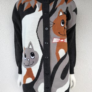 ヴィンテージアップデザイン猫ニットカーディガンセーターレディース用かわいい猫セーター、カラフルな猫長袖ミディアムラージコテージコアオーバーサイズセーター
