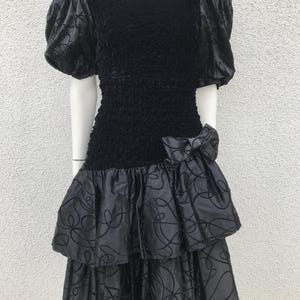 Vintage 80s Chou Chou Creation Puff Sleeves Black Tiered Skirt Cocktail Dress Wedding Guest Dress Frill Ruffled Midi Dress Party Dress Small