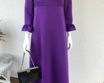 Vtg 70s Boho Chic Groovy shiny overlay dress Maxi Dress High waist Retro Bright Purple Long Party Dress 3/4 sleeves floor length Size S/M