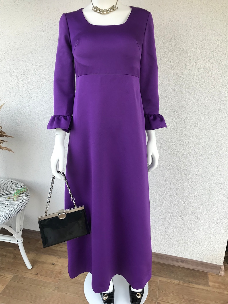 Vtg 70 s Boho Chic Groovy superposition brillante robe Maxi robe taille haute rétro lumineux violet longue robe de soirée manches 3/4 étage longueur taille S/M image 1