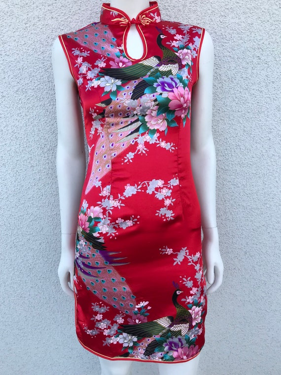 Vintage 90s Red Satin Chinese Top Dress Mandarin … - image 1
