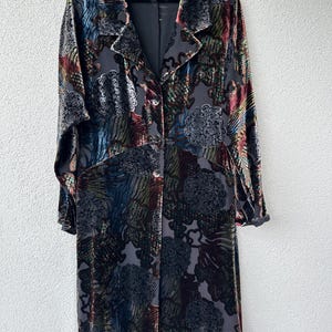 Tone Barker Samt-Staubjacke, Damen-Devore-Samtblazer aus Burnout-Samt, langer Boho-Abendmantel, Vintage-Seidenkimono-Cardigan, Größe XL