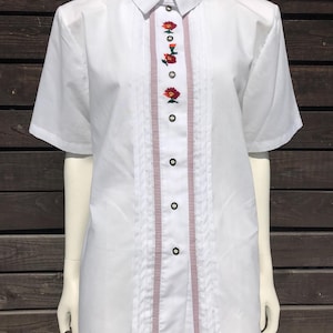 Vintage White Bavarian Austrian Folk Blouse Short Sleeve Blouse With Floral Embroidery Oktoberfest Shirt Edelweiss Shirt Tyrolean Blouse L