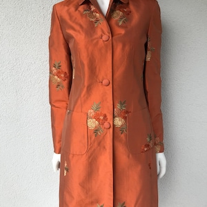 Vintage 90s Orange Long Silk Coat Trench Coat Women Silk Jacket Embroidered with Flowers Overcoat Cardigan Elegant Silk Jacket Size Small