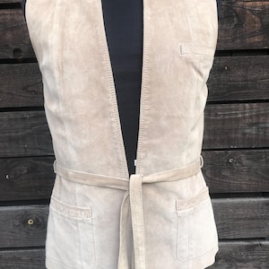 Vintage 80s Suede Leather Vest Beige Cream Real Leather Vest Open Front Belted Retro Festival Boho Country Western Leather Vest Size Small