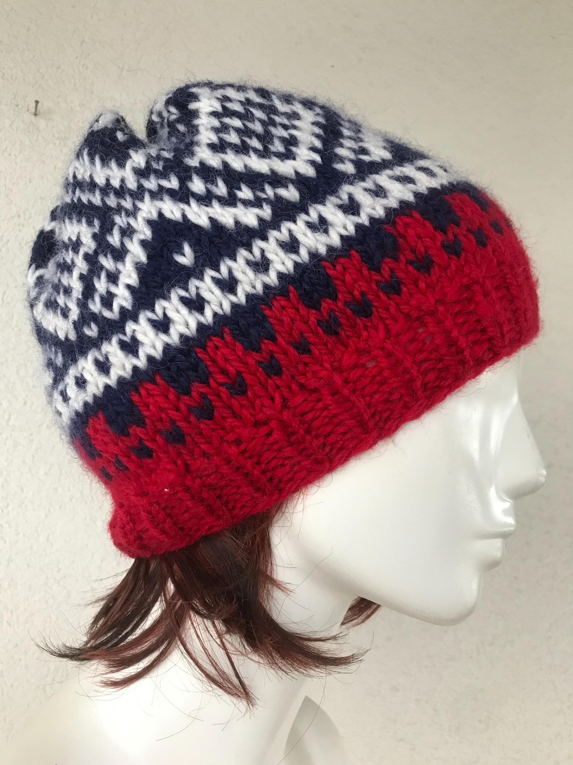 Vintage Hand Knit Woolen Cap Blue Red White Patterned Beanie  display picture 2