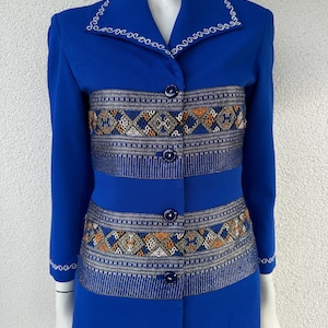 Vintage Royal Blue Folk Embroidered Blazer Jacket Handmade Ethnic Patterned Structured Jacket Boho Chic Silver Embroidered Collar Coat XS/S