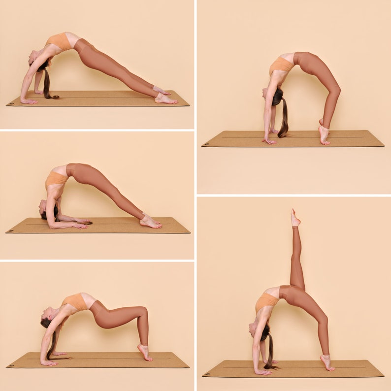 May include: A woman demonstrates four different yoga poses on a brown cork yoga mat. She is wearing a light brown sports bra and matching leggings.