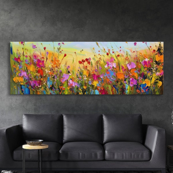 Framed Canvas Print of Original painting, Large wall art, Boho wall décor, Flower painting, Home decor, Modern art, Bedroom decor, Panoramic
