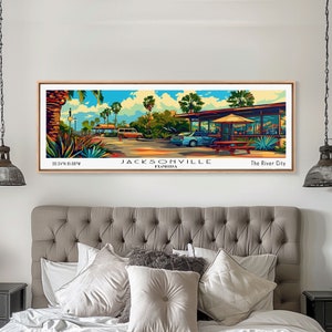 Jacksonville Florida Panoramic Painting Framed Canvas Print, Mid Century Modern Art, Pop Art Style, Travel Poster, Wall Art Decor