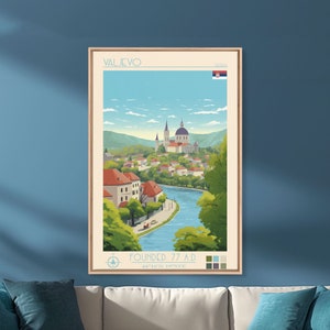 Valjevo Serbia Travel Poster Framed Canvas Print, Midcentury Modern Art, Pop Art Wall Decor, Living Room Art, Home Decoration
