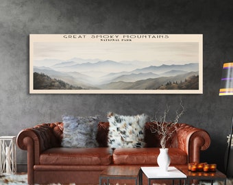 Great Smoky Mountains National Park Panoramic Travel Art, National Park Print, Minimalist Travel Art, Subdued Watercolor Painting Panoramic