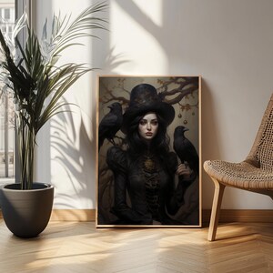 Witch and Ravens Framed Canvas: Gothic Halloween Art image 13