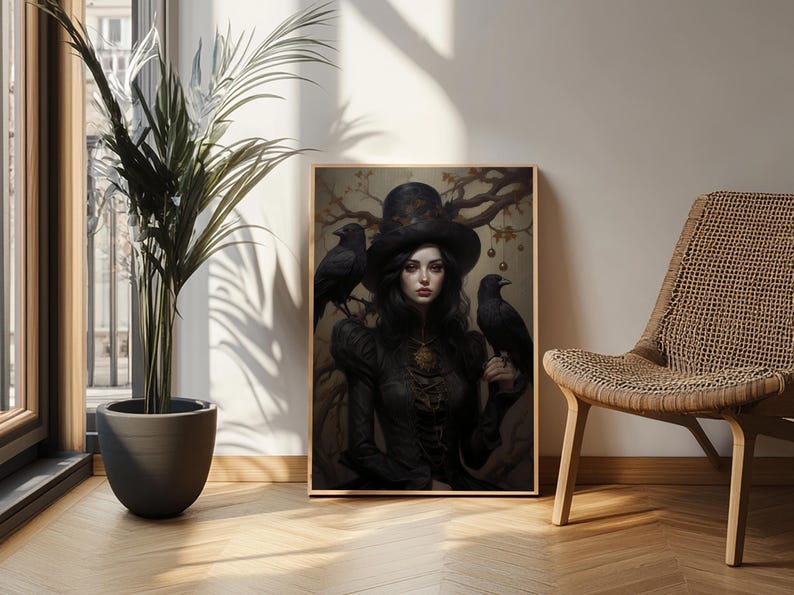 Witch and Ravens Framed Canvas: Gothic Halloween Art image 13