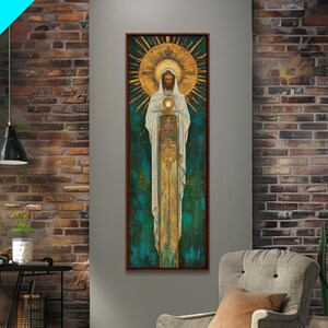 Art Deco Christian Canvas Print, Eucharistic Adoration Scene, Light Oak Frame afbeelding 6