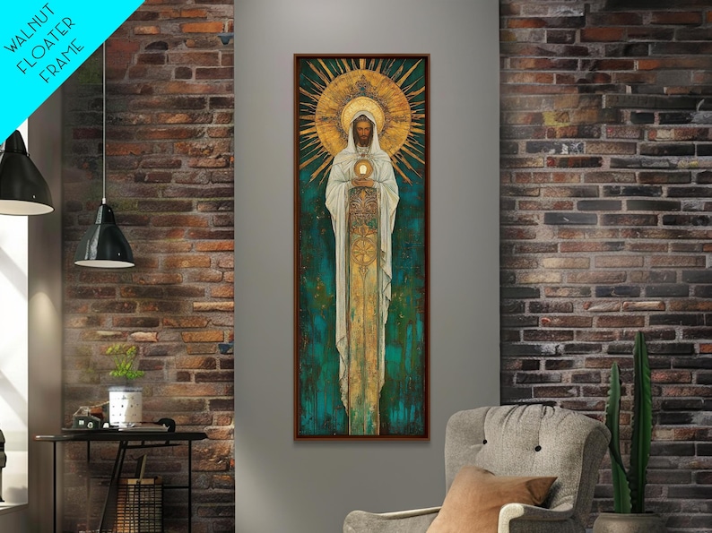 Art Deco Christian Canvas Print, Eucharistic Adoration Scene, Light Oak Frame afbeelding 6