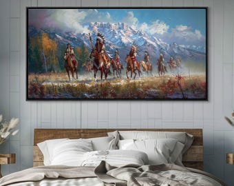 Native American Warriors Canvas Print: Snow Mountain Landscape Wall Art