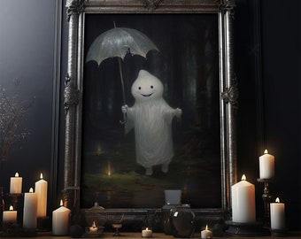 Silly Ghost in the Rain, Vintage Halloween Art, Framed Silly Ghost in the Rain, Vintage Halloween Art, Framed