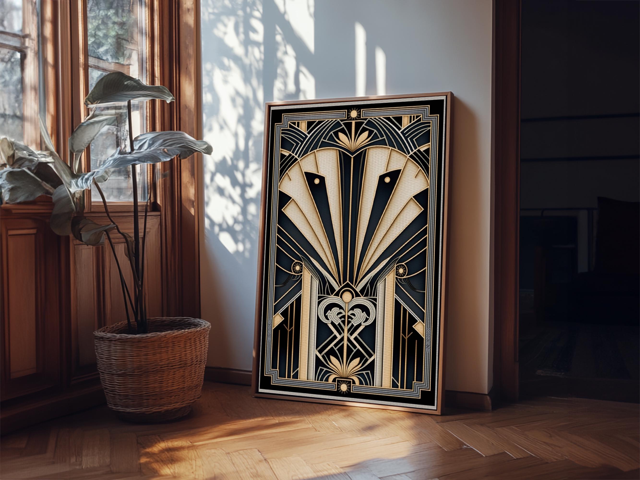 インテリアアート　ART DECO Art Deco Framed Canvas Print: Gold & Black MCM Wall Art - Etsy