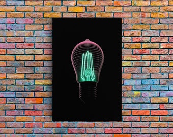 3D Light Bulb Wall Art, Neon Lights Art, Teal, Pink, Minimalist Print, Wall Decor, Canvas Print, Wall Art, Framed Canvas