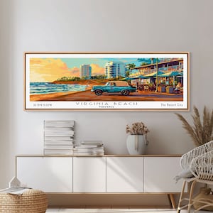 Virginia Beach Virginia Panoramic Wall Art, Mid Century Modern Framed Canvas Print, Retro Pop Art Travel Poster, Living Room Decor