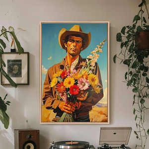 Cowboy Holding Flowers Framed Canvas Print: Southwestern Wall Art