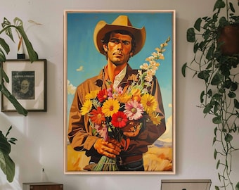 Cowboy Holding Flowers Framed Canvas Print: Southwestern Wall Art