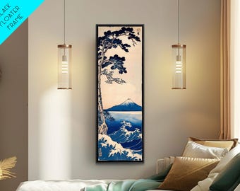 Skinny Art Tall Art Framed Canvas Print Japanese Style Art Blue Pine Tree Mount Fuji Wood Block Print Ukiyo-e Feng Shui Wall Art