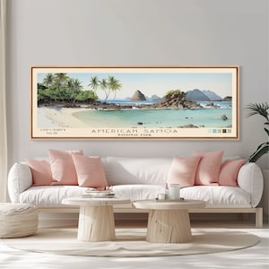 American Samoa National Park Panoramic Vatia Travel Art, National Park Print, Minimalist Travel Art, Subdued Watercolor Painting Panoramic