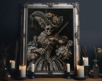 Victorian Skeleton Violinist Framed Canvas Print: Gothic Halloween Art