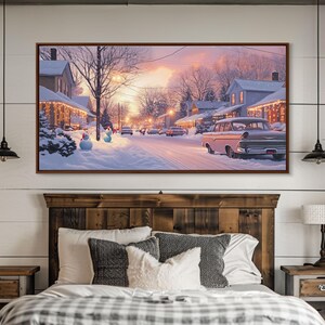 Snowy Neighborhood Evening Framed Canvas Print, Winter Wonderland Scene Art, Christmas Home Decor, Vintage Christmas Art, Holiday Wall Art