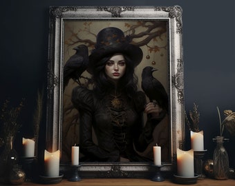 The Witch and Her Ravens, Framed Canvas, Oil Painting Print, Halloween Decor, Gothic Art, Dark Academia, Witchcraft Halloween Art