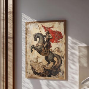 Saint George and the Dragon Battle Scene Framed Canvas Print | Renaissance Christian Art Painting, Vintage Religious Wall Art and Modern Ch image 1