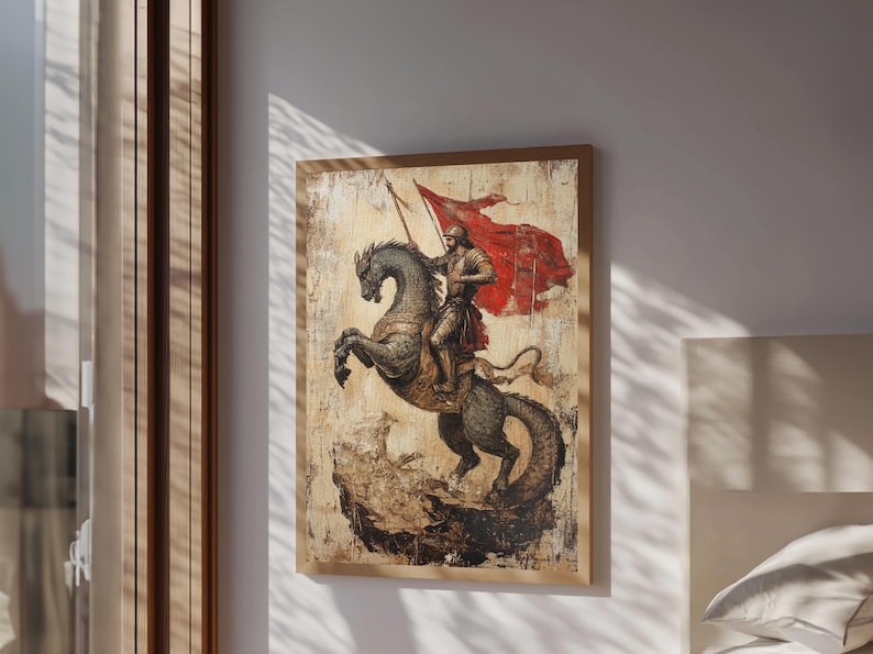 Saint George and the Dragon Battle Scene Framed Canvas Print | Renaissance Christian Art Painting, Vintage Religious Wall Art and Modern Ch image 1